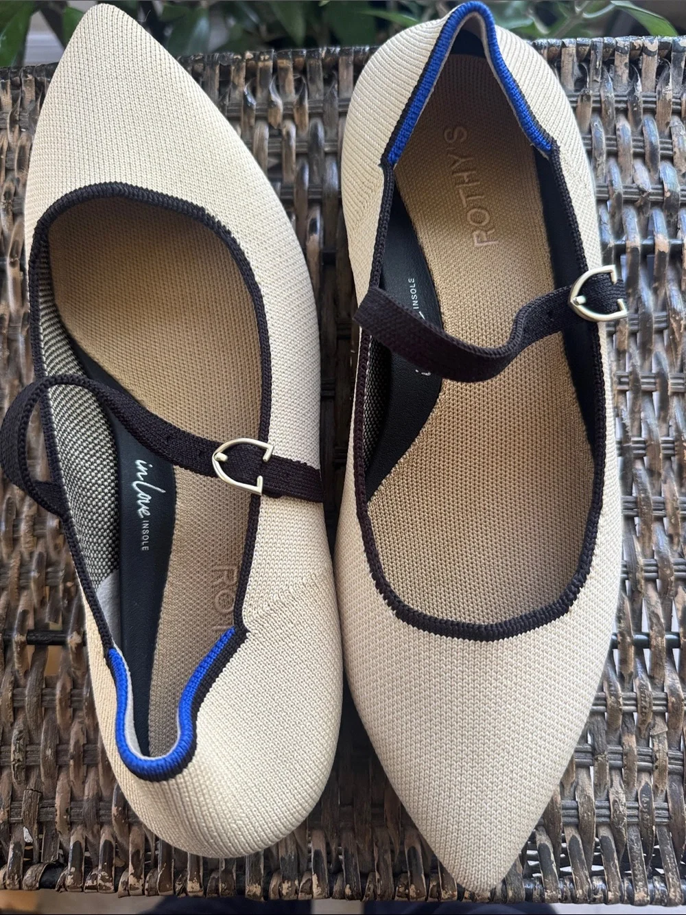 Rothy's Pointed Mary Jane Flats in Cream with Black Trim and Blue Accent